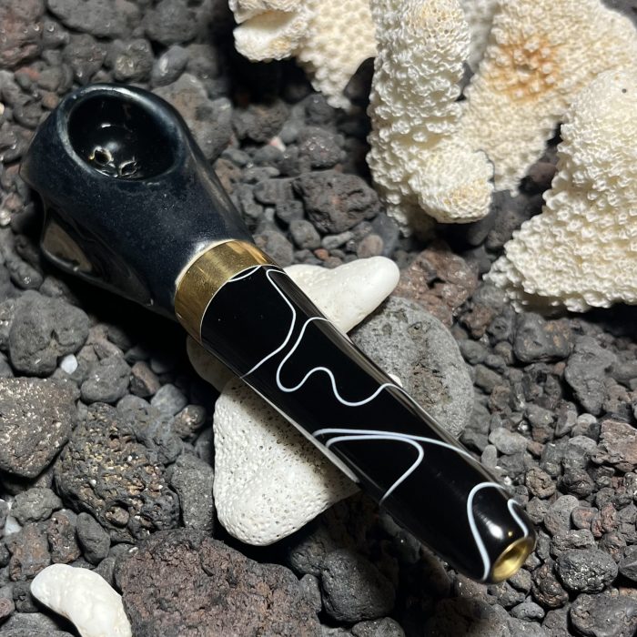 Obsidian Tide - Matte Black Bowl with Black Resin Mouthpiece & White Ocean Swirls
